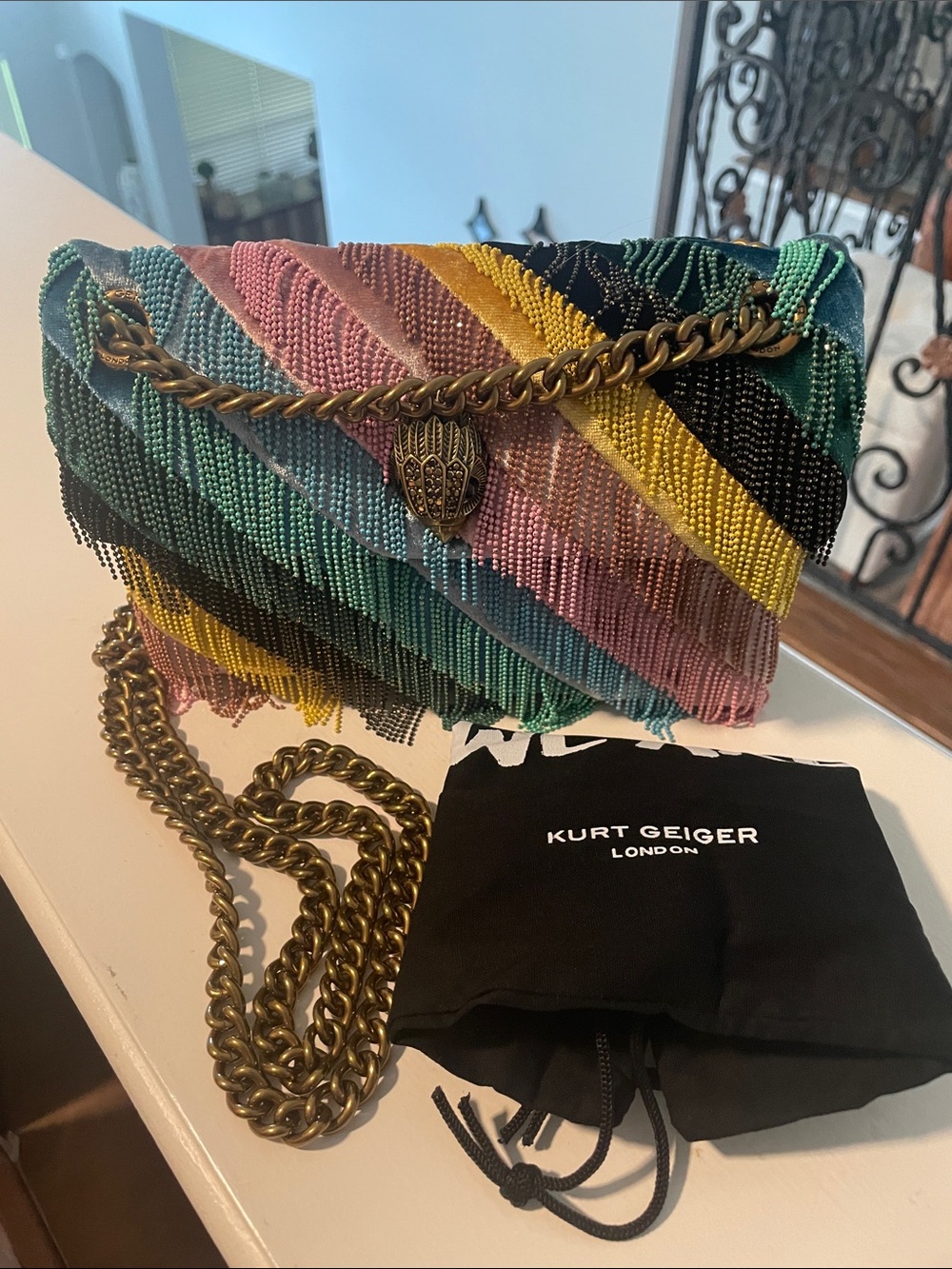 Kurt Geiger The Kensington Multicolor Beaded Fringe Chain Crossbody Bag